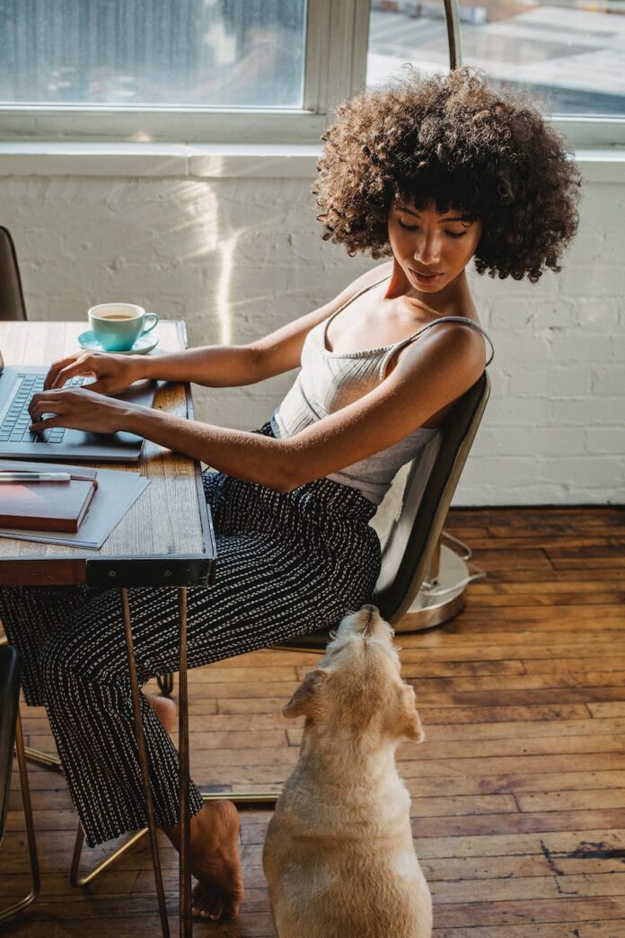 pexels-photo-5256143 african american woman working on computer with dog near