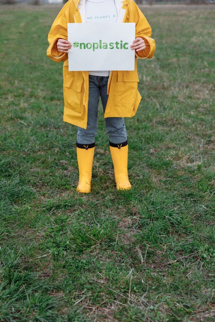 person in yellow coat holding a slogan