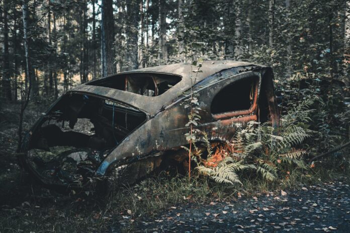 pexels-photo-28143710 an old car is parked in the woods