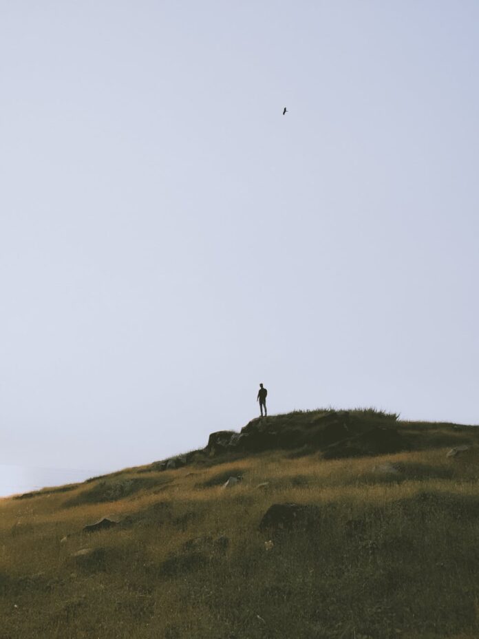 silhouette of unrecognizable person standing on top of green hill