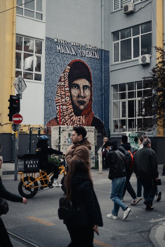 pexels-photo-32177064 street scene with malala yousafzai mural in istanbul